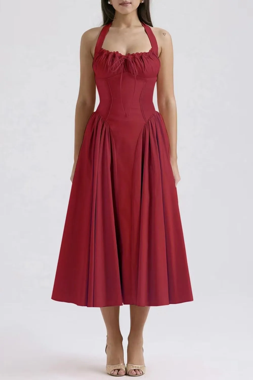 Ruched Halter Neck Midi Dress