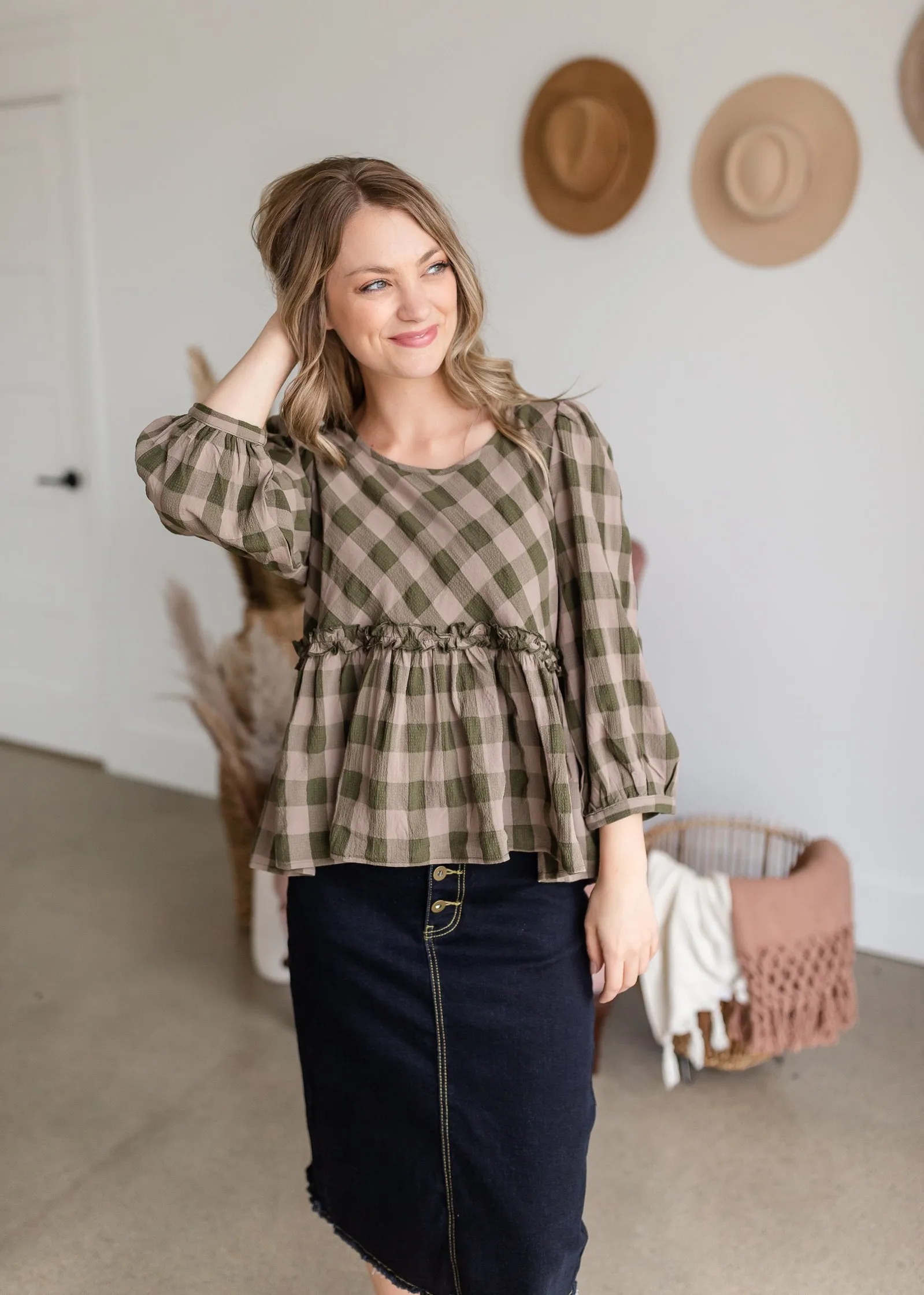 Ruffle Hem Checker Peplum 3/4 Sleeve Top - FINAL SALE