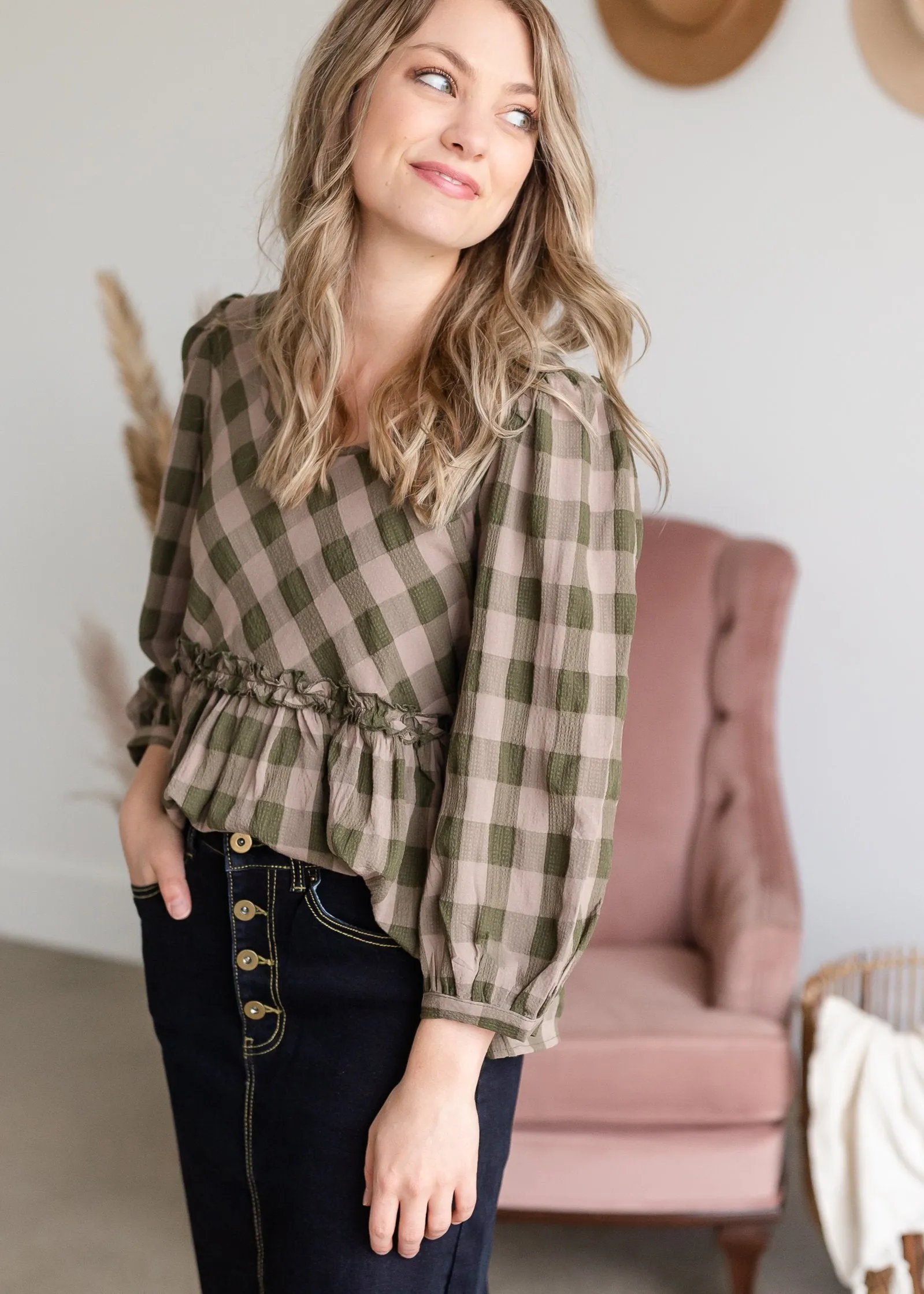 Ruffle Hem Checker Peplum 3/4 Sleeve Top - FINAL SALE