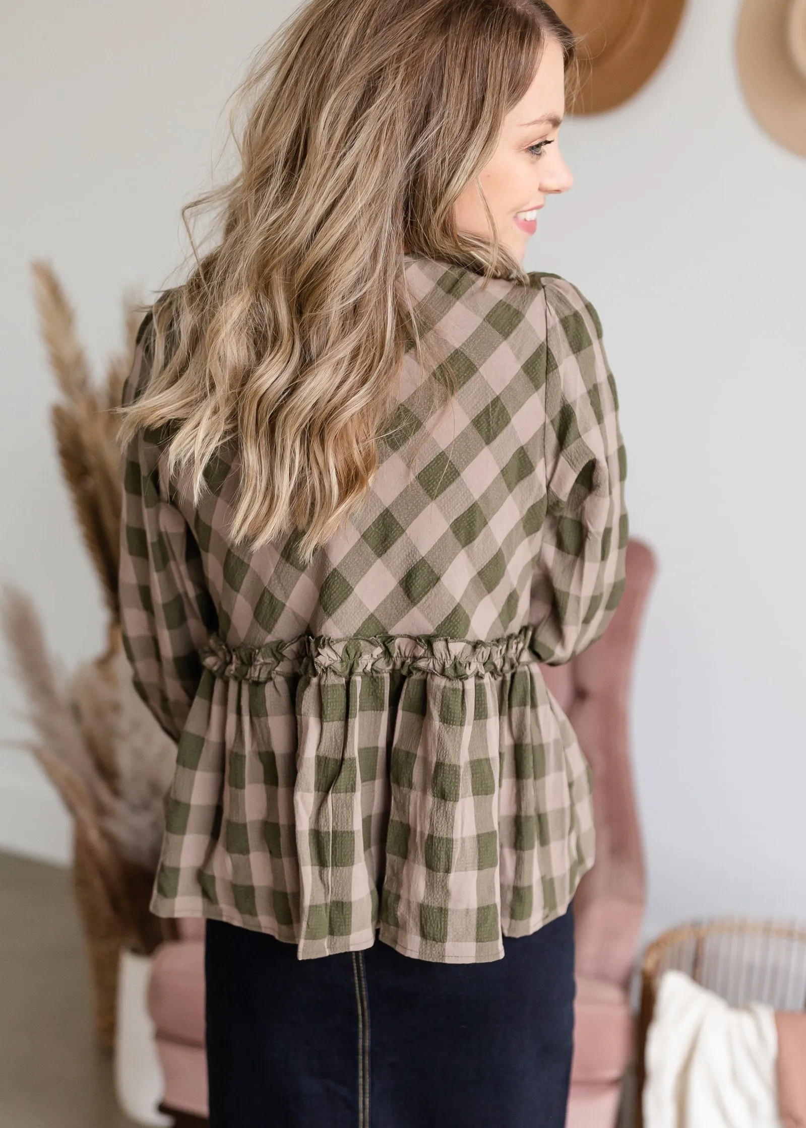 Ruffle Hem Checker Peplum 3/4 Sleeve Top - FINAL SALE