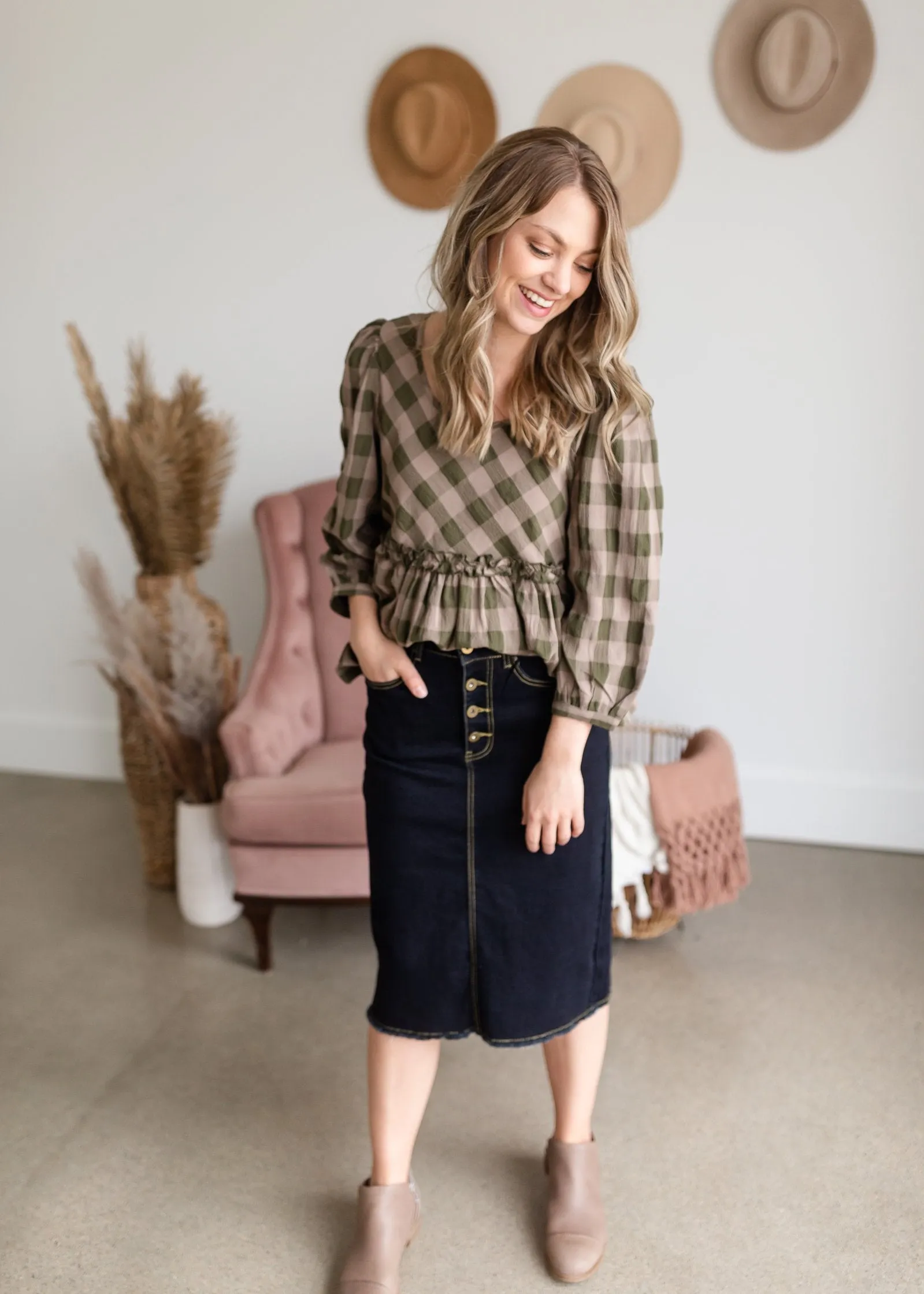 Ruffle Hem Checker Peplum 3/4 Sleeve Top - FINAL SALE