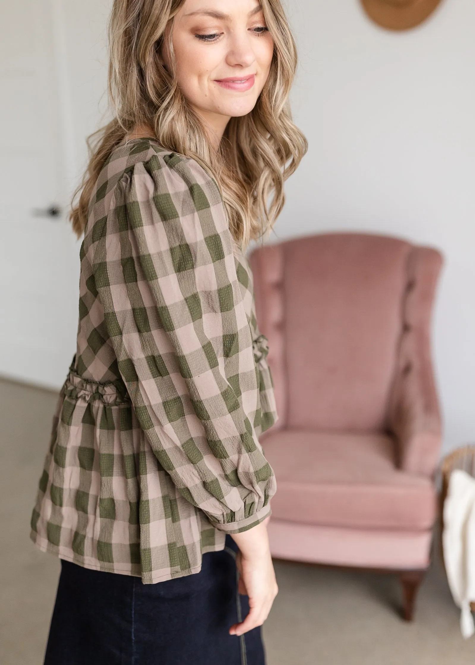 Ruffle Hem Checker Peplum 3/4 Sleeve Top - FINAL SALE