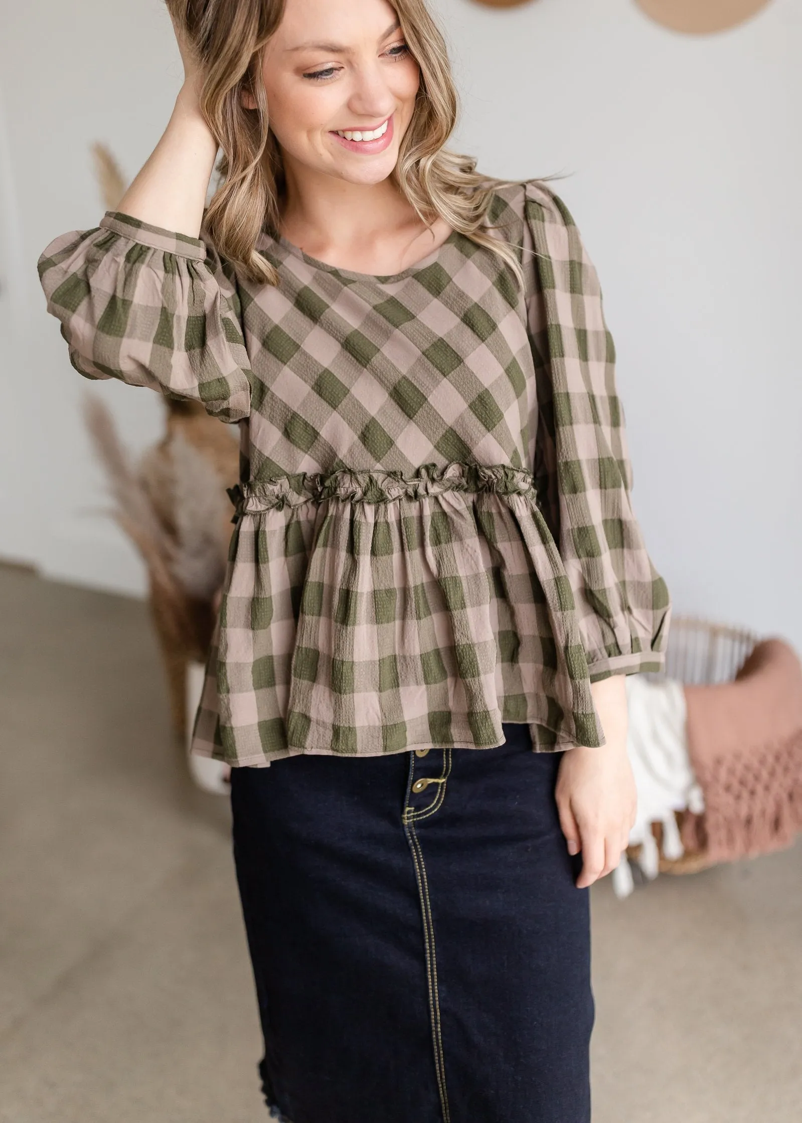 Ruffle Hem Checker Peplum 3/4 Sleeve Top - FINAL SALE