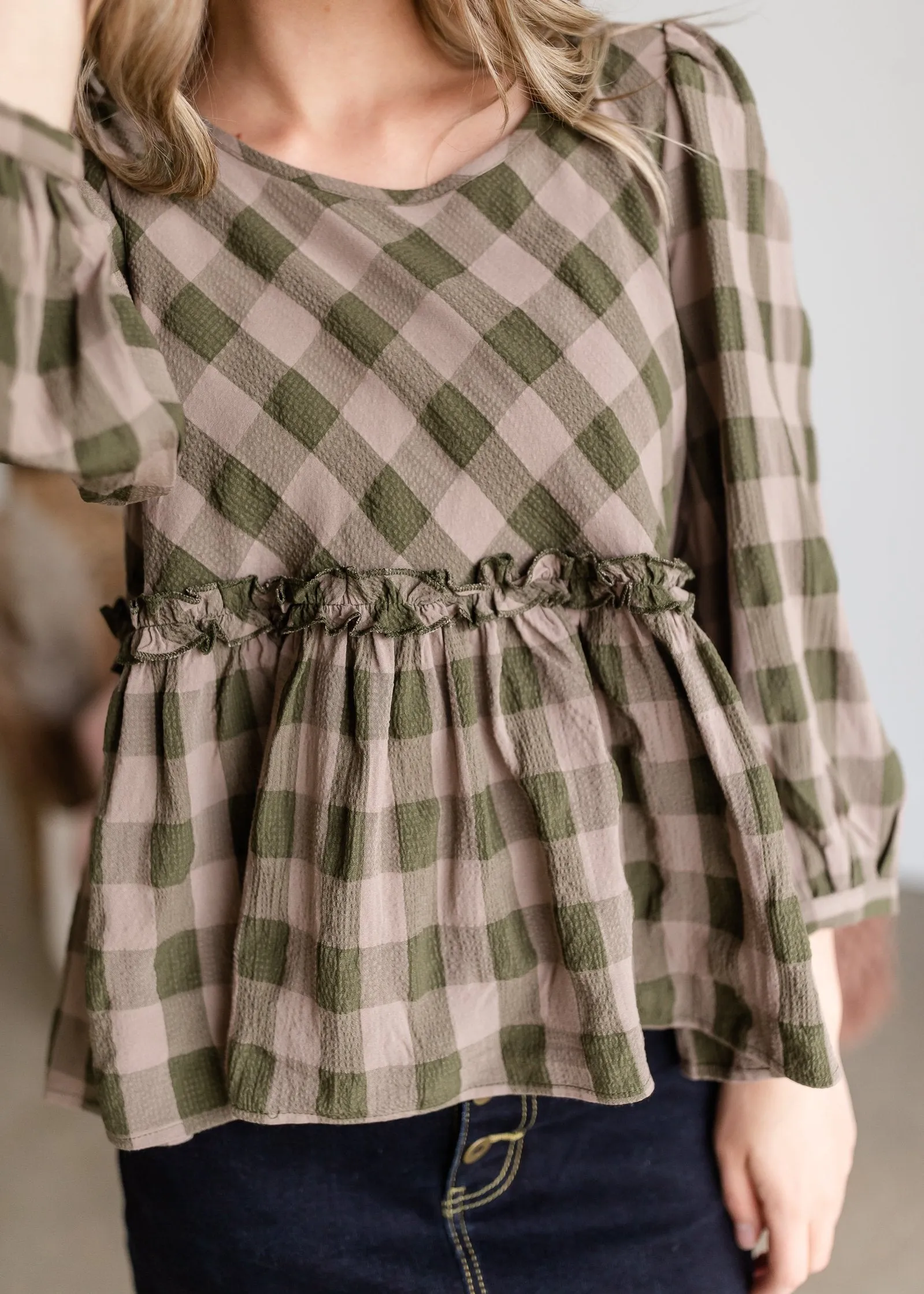 Ruffle Hem Checker Peplum 3/4 Sleeve Top - FINAL SALE