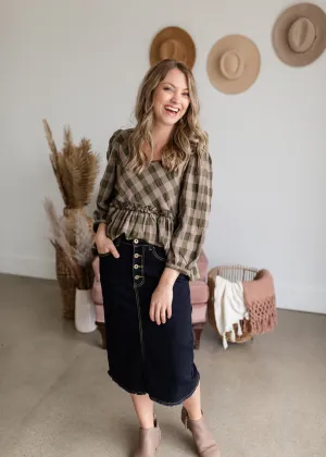 Ruffle Hem Checker Peplum 3/4 Sleeve Top - FINAL SALE