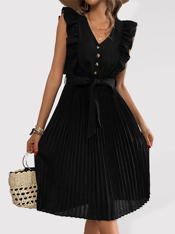 Ruffle Sleeve Midi Dress with Pleated Skirt and Waist Tie