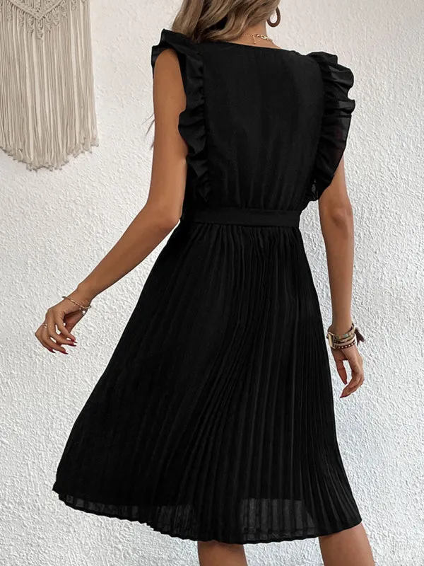 Ruffle Sleeve Midi Dress with Pleated Skirt and Waist Tie