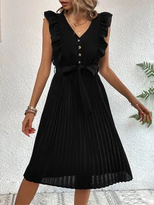 Ruffle Sleeve Midi Dress with Pleated Skirt and Waist Tie