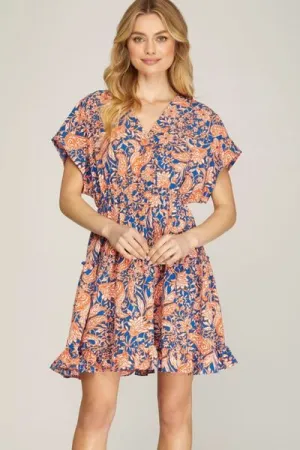Ruffled Hem Printed Surplice Kimono Sleeve Mini Dress - Stylish and Chic