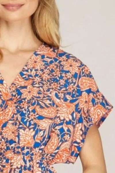 Ruffled Hem Printed Surplice Kimono Sleeve Mini Dress - Stylish and Chic