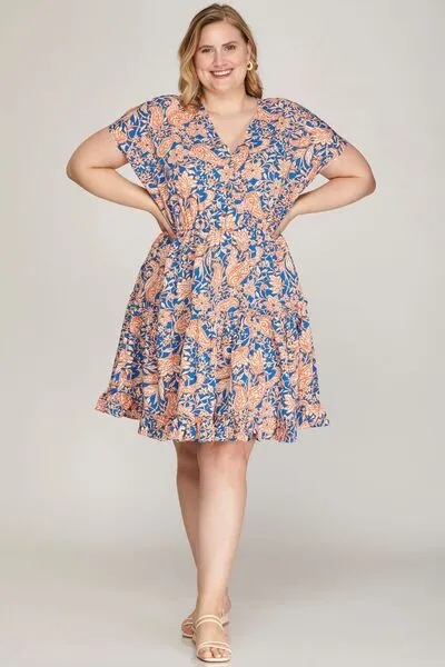 Ruffled Hem Printed Surplice Kimono Sleeve Mini Dress - Stylish and Chic