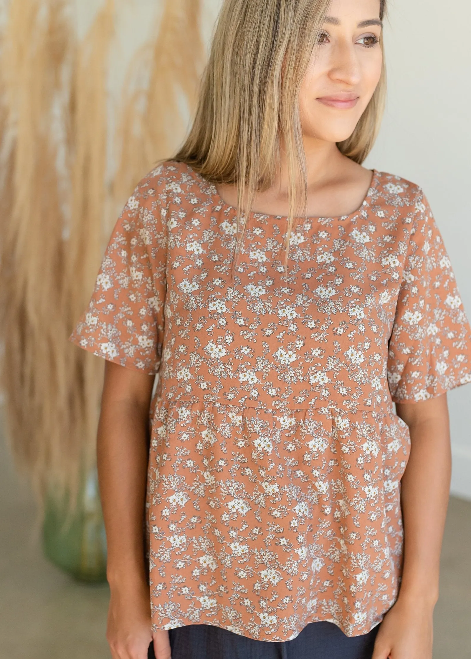 Rust Square Neck Floral Peplum Top - FINAL SALE