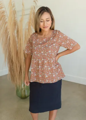 Rust Square Neck Floral Peplum Top - FINAL SALE