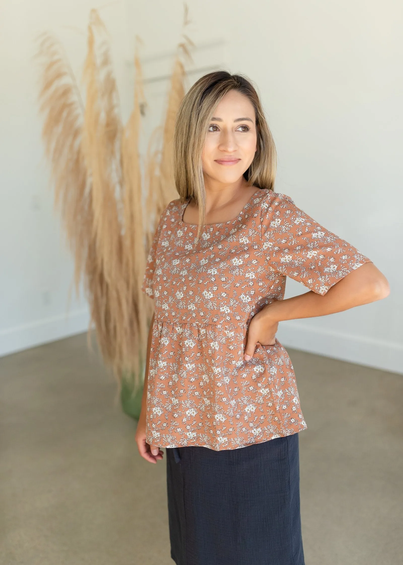 Rust Square Neck Floral Peplum Top - FINAL SALE