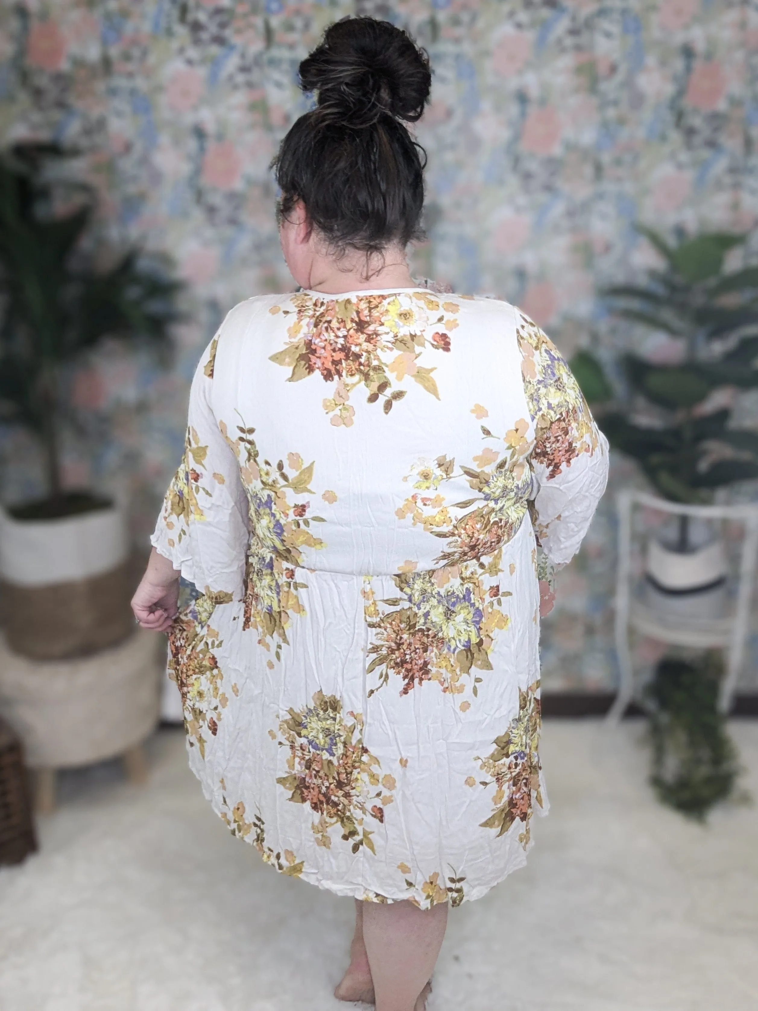 SALE- Raenee Ivory Kimono Sleeve Dress in Fall Florals