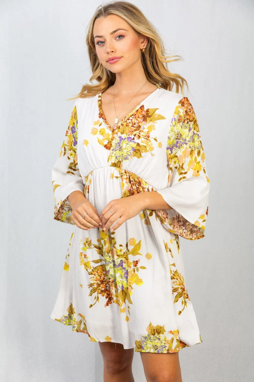 SALE- Raenee Ivory Kimono Sleeve Dress in Fall Florals