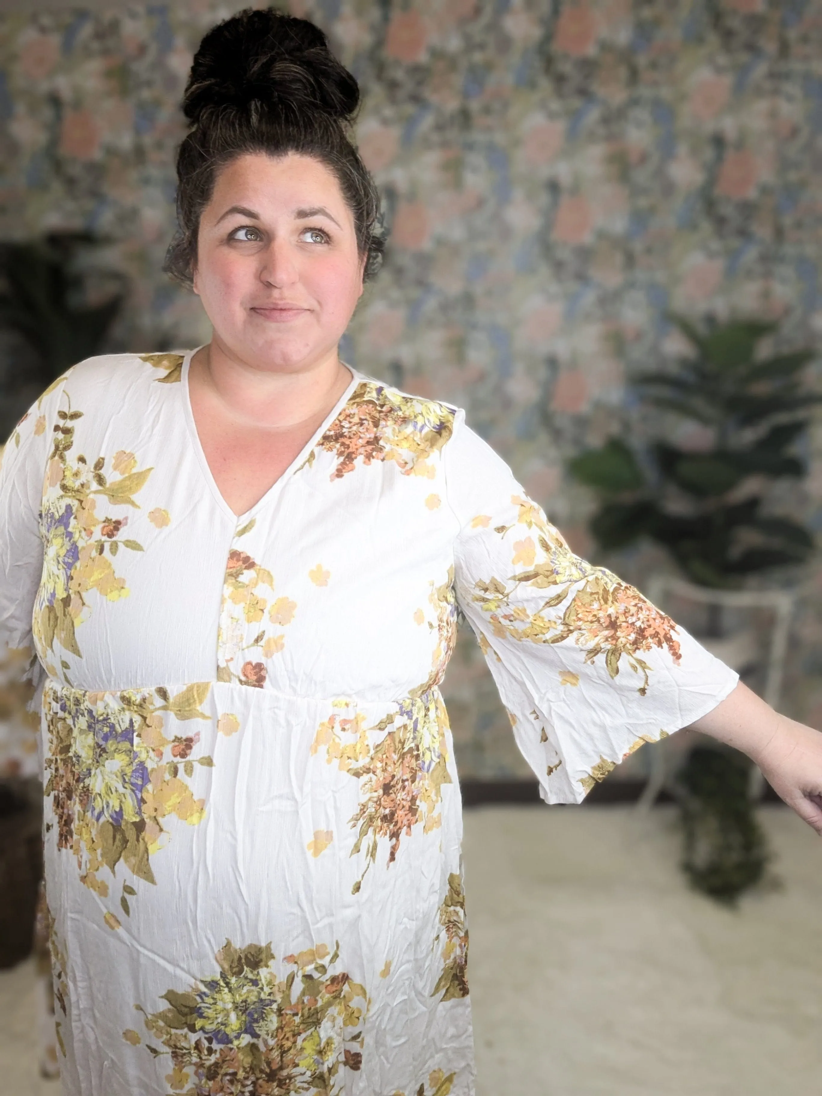 SALE- Raenee Ivory Kimono Sleeve Dress in Fall Florals
