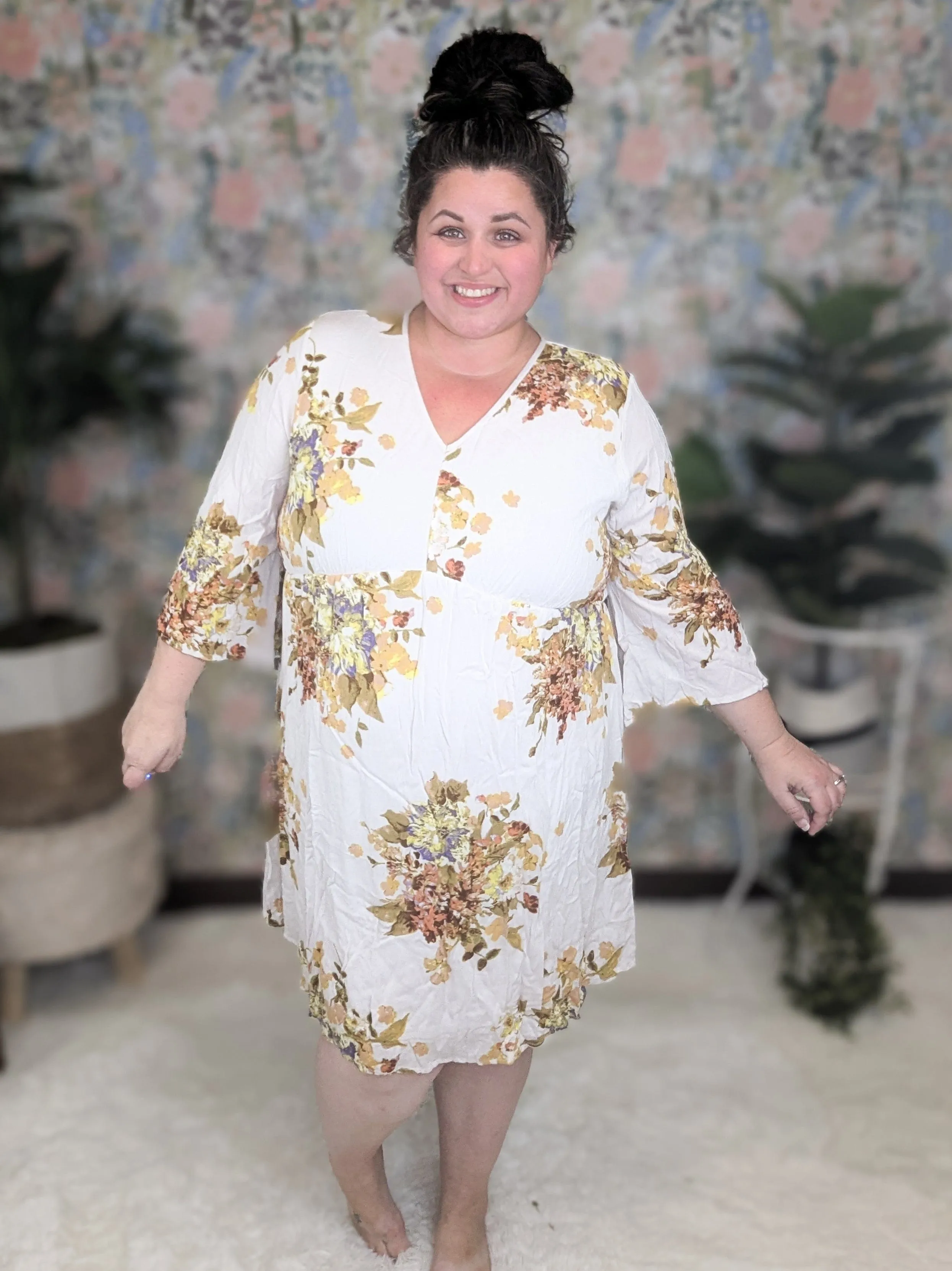 SALE- Raenee Ivory Kimono Sleeve Dress in Fall Florals