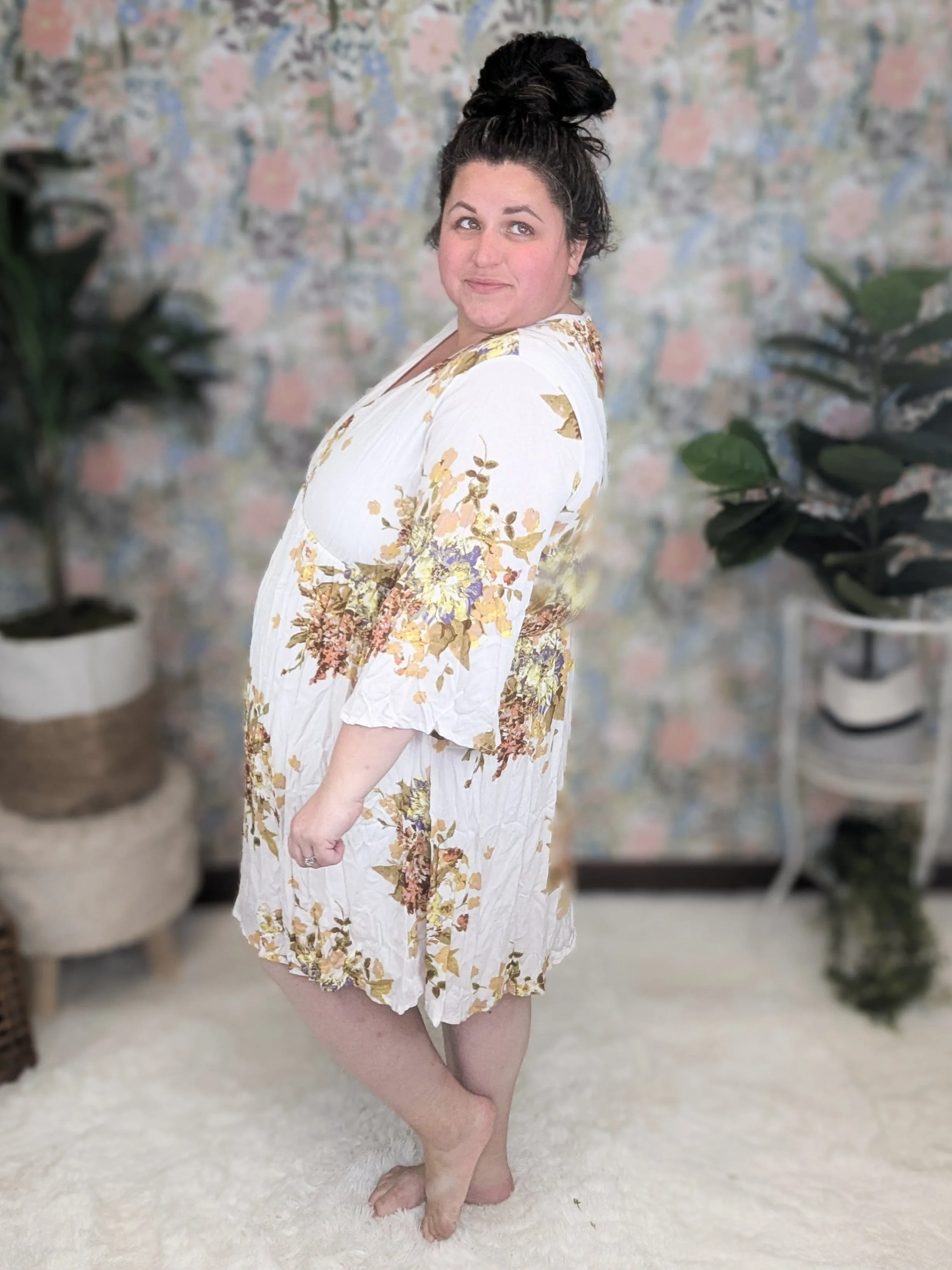 SALE- Raenee Ivory Kimono Sleeve Dress in Fall Florals