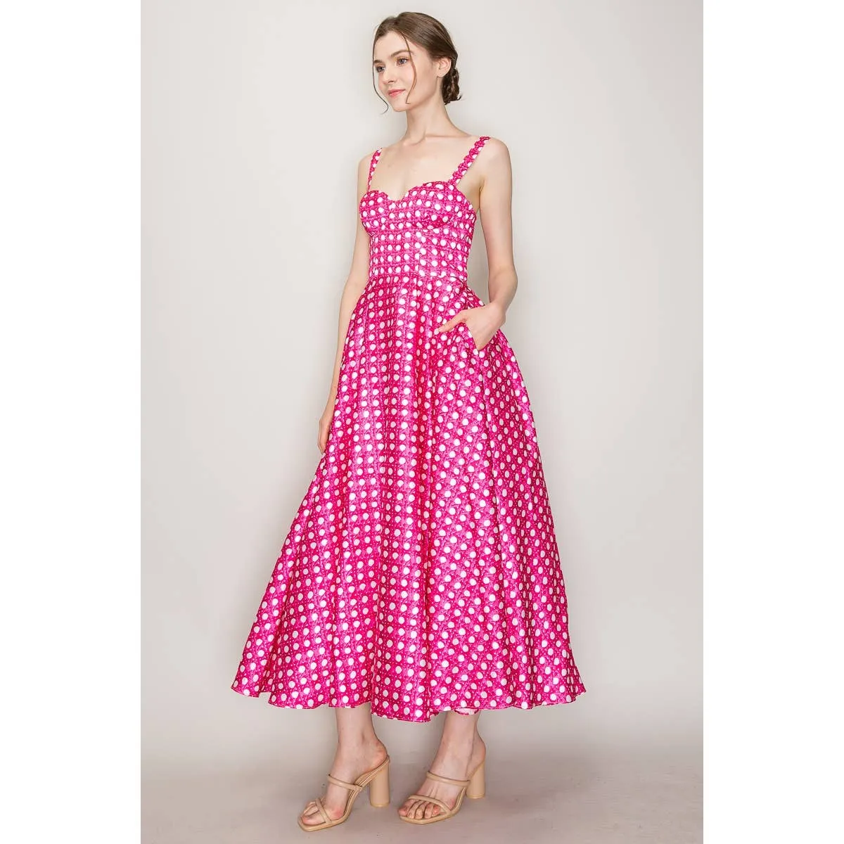 Satin Trellis Print Bustier Flared Midi Dress