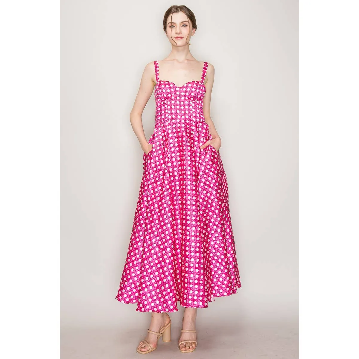 Satin Trellis Print Bustier Flared Midi Dress