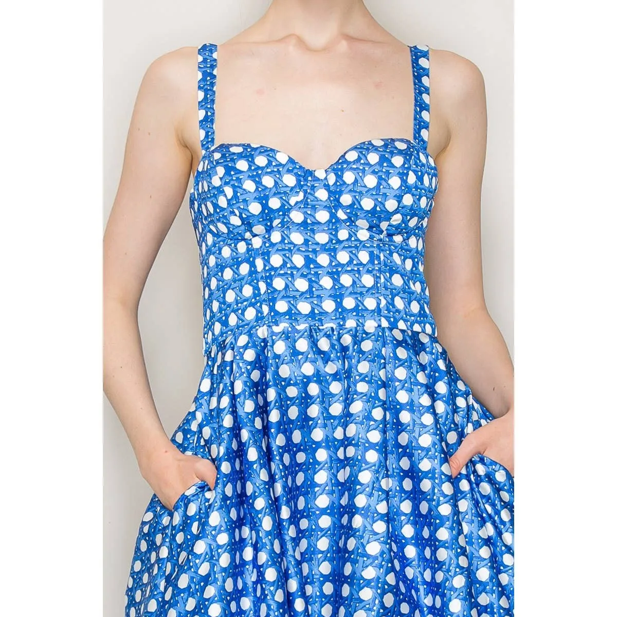 Satin Trellis Print Bustier Flared Midi Dress
