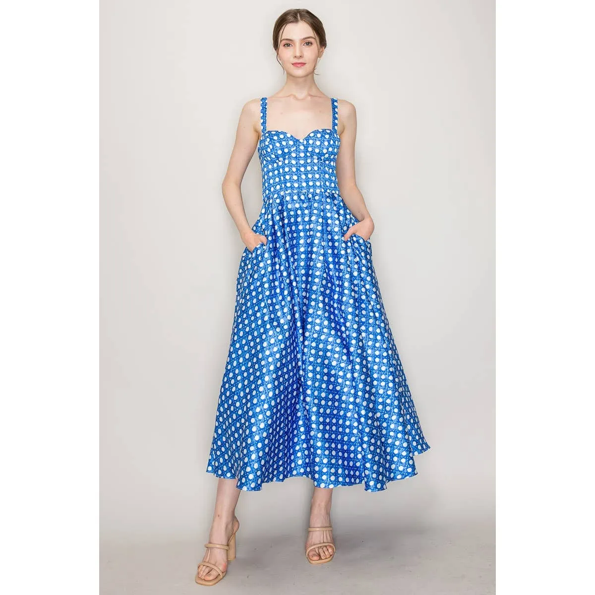 Satin Trellis Print Bustier Flared Midi Dress