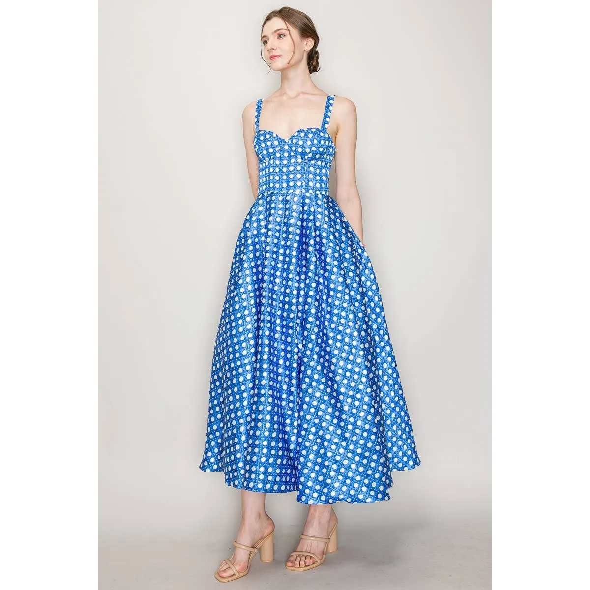 Satin Trellis Print Bustier Flared Midi Dress
