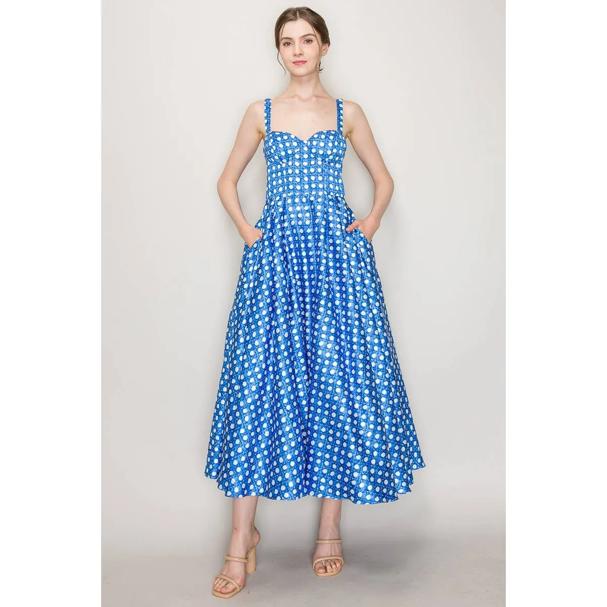 Satin Trellis Print Bustier Flared Midi Dress