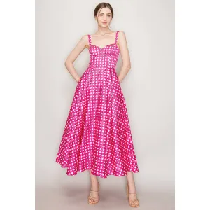 Satin Trellis Print Bustier Flared Midi Dress