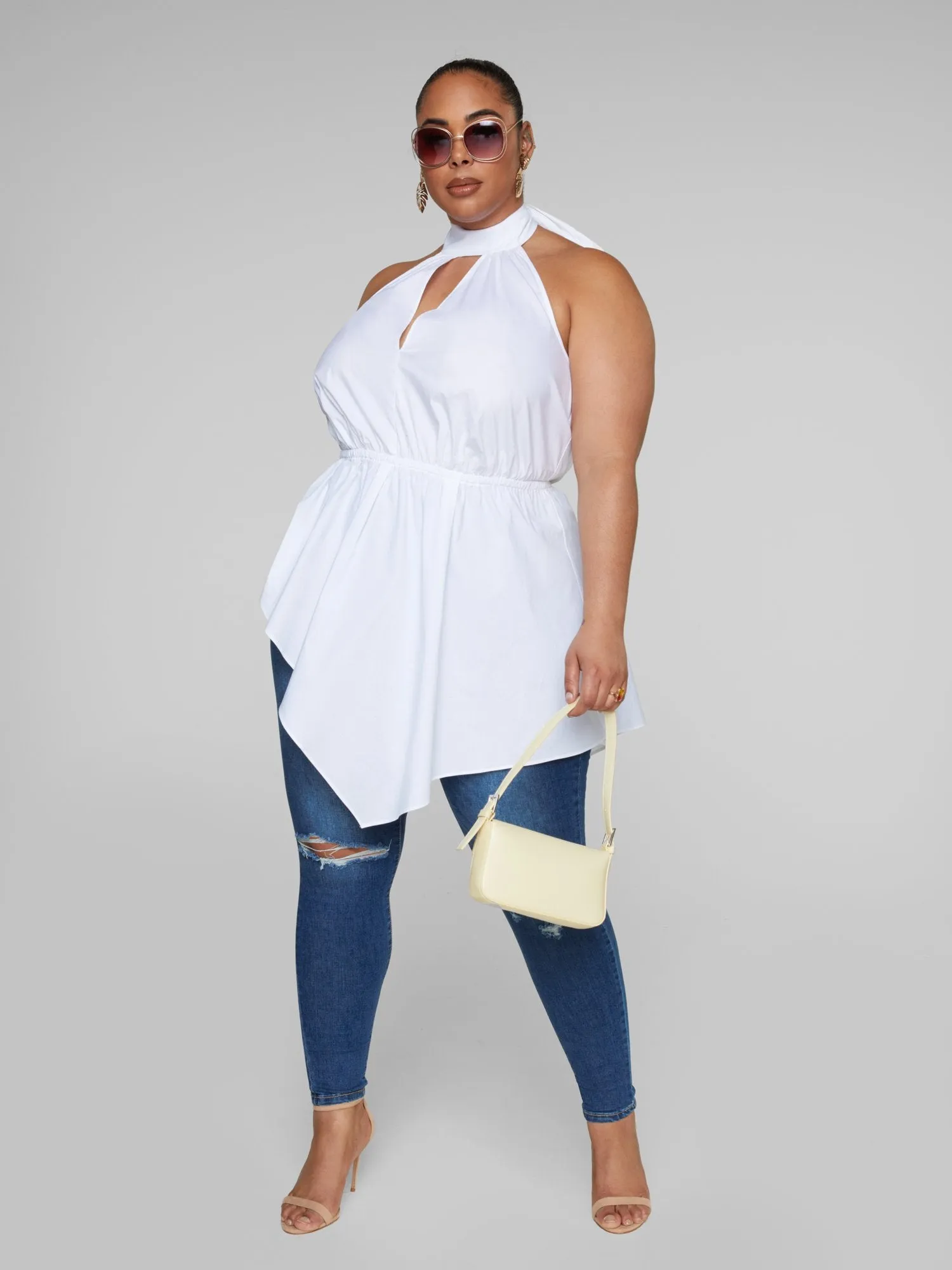 Selah Halter Style Asymmetrical Peplum Blouse