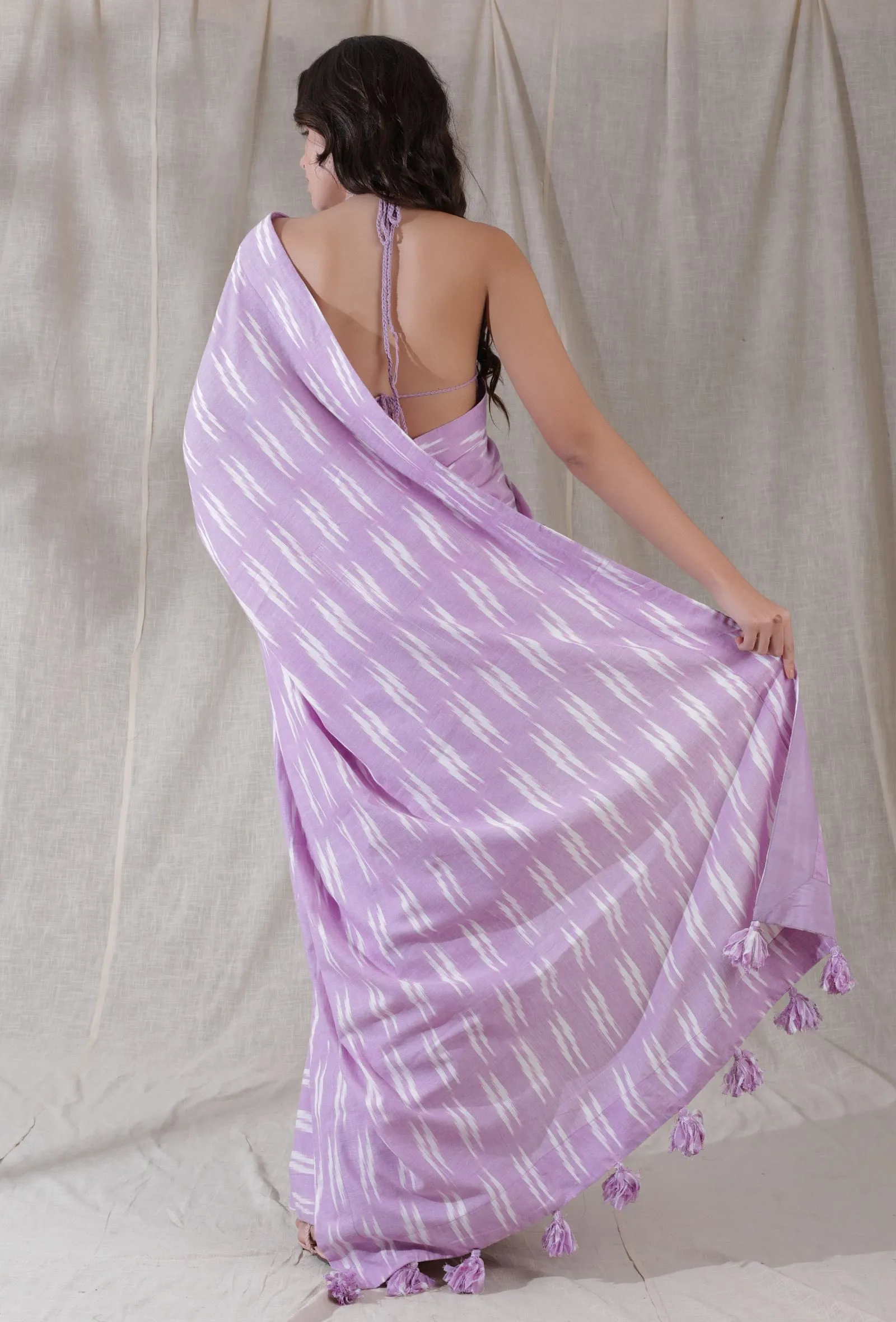 Set of 2- Lilac purple handmade crochia backless bralette crop top blouse with cotton ikkat saree