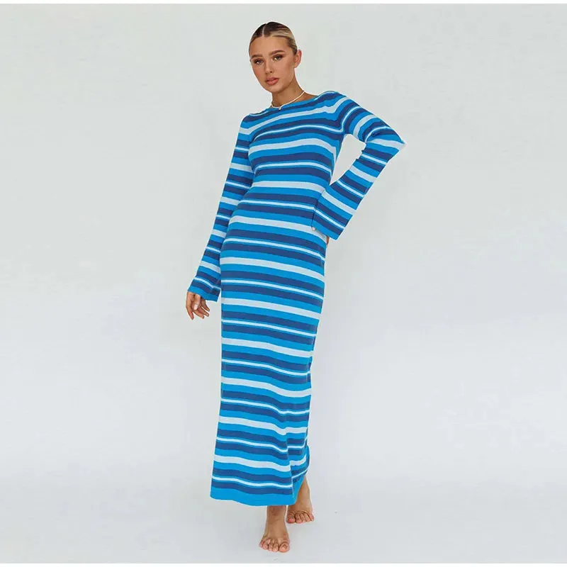 Sexy Backless Lace Up Women Striped Knitted Dress Fashion Slim O-neck Long Sleeve Midi Dresses Autumn Lady Chic Streetwear