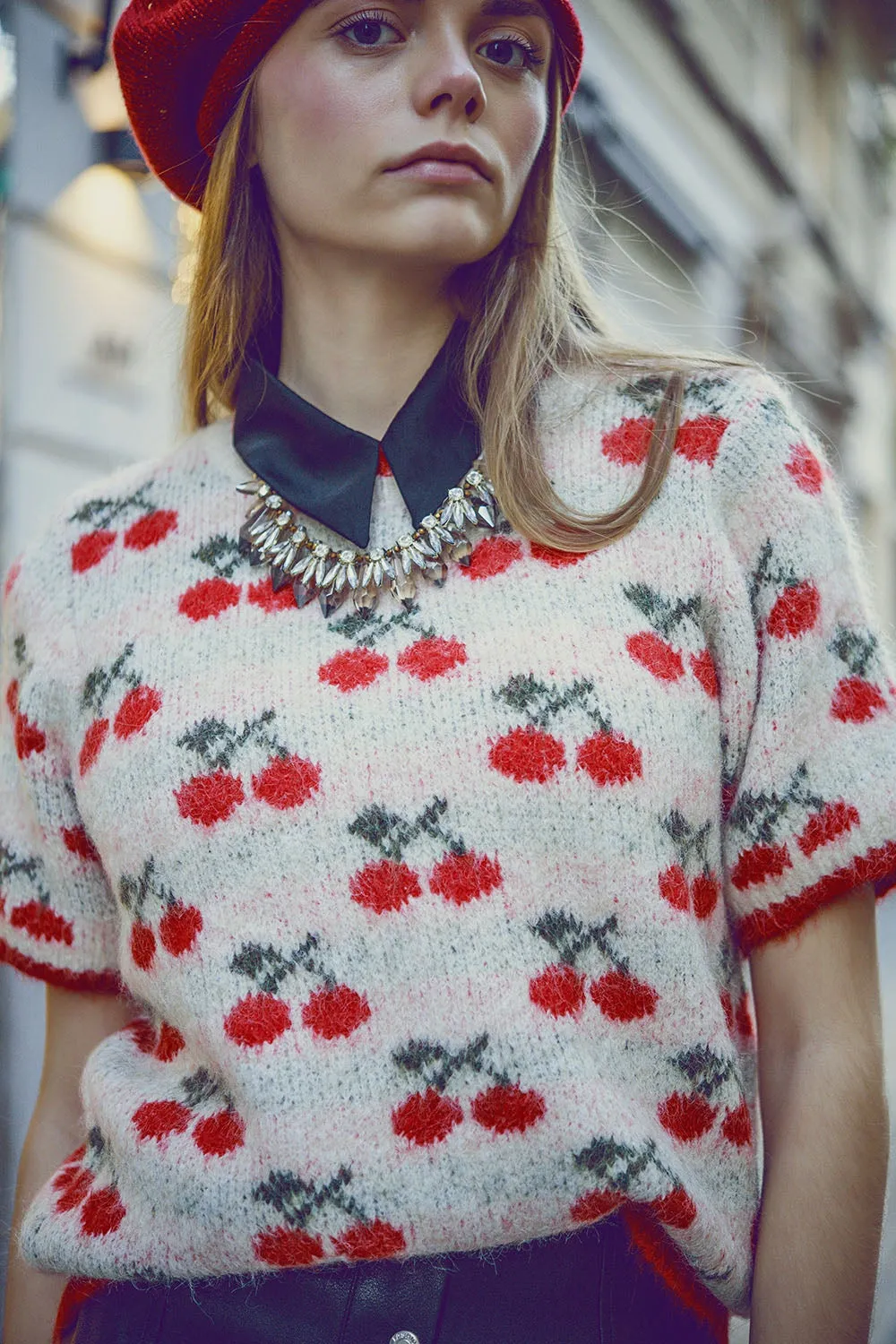 short sleeve ecru sweater with cherry print