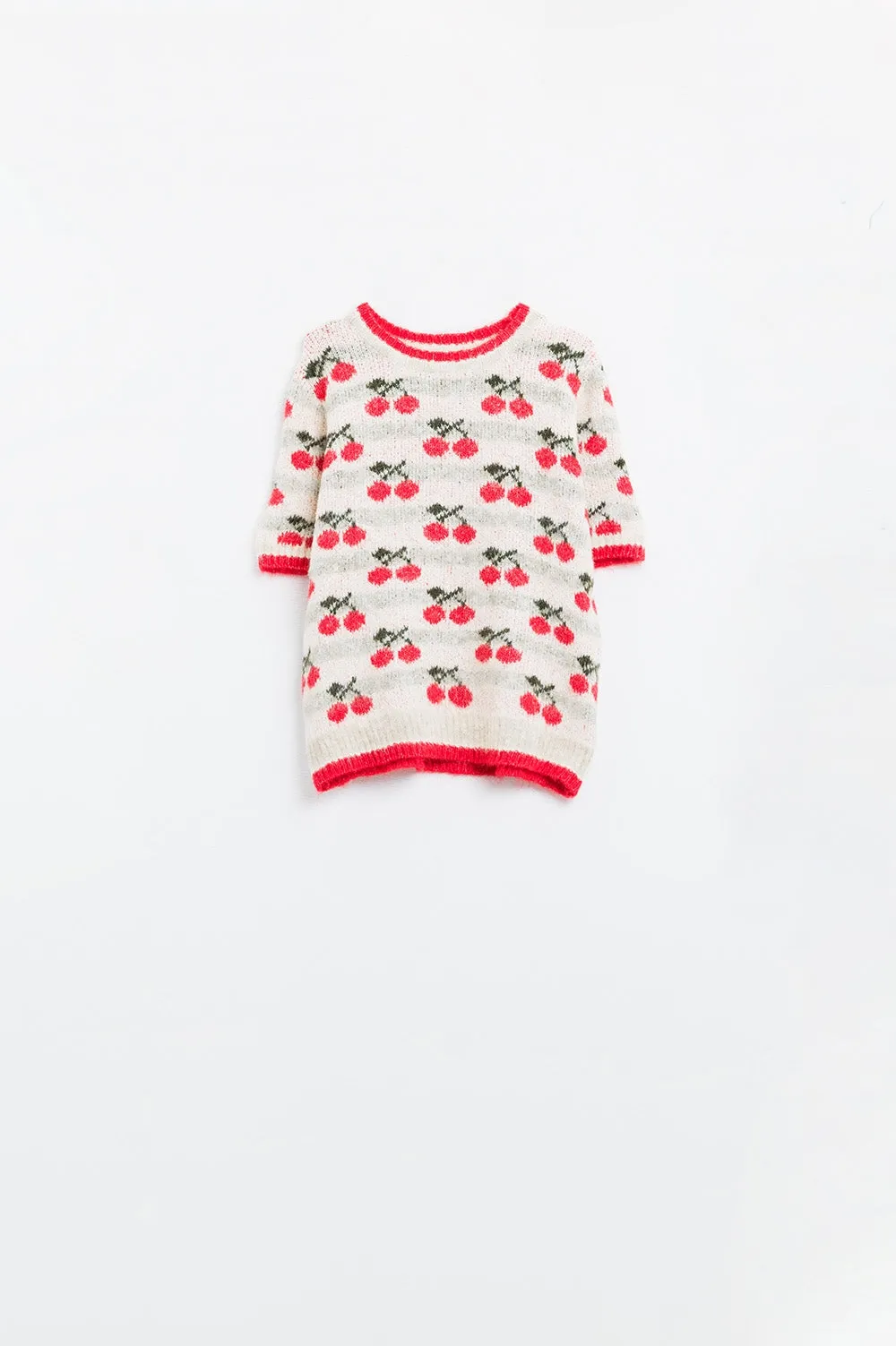 short sleeve ecru sweater with cherry print