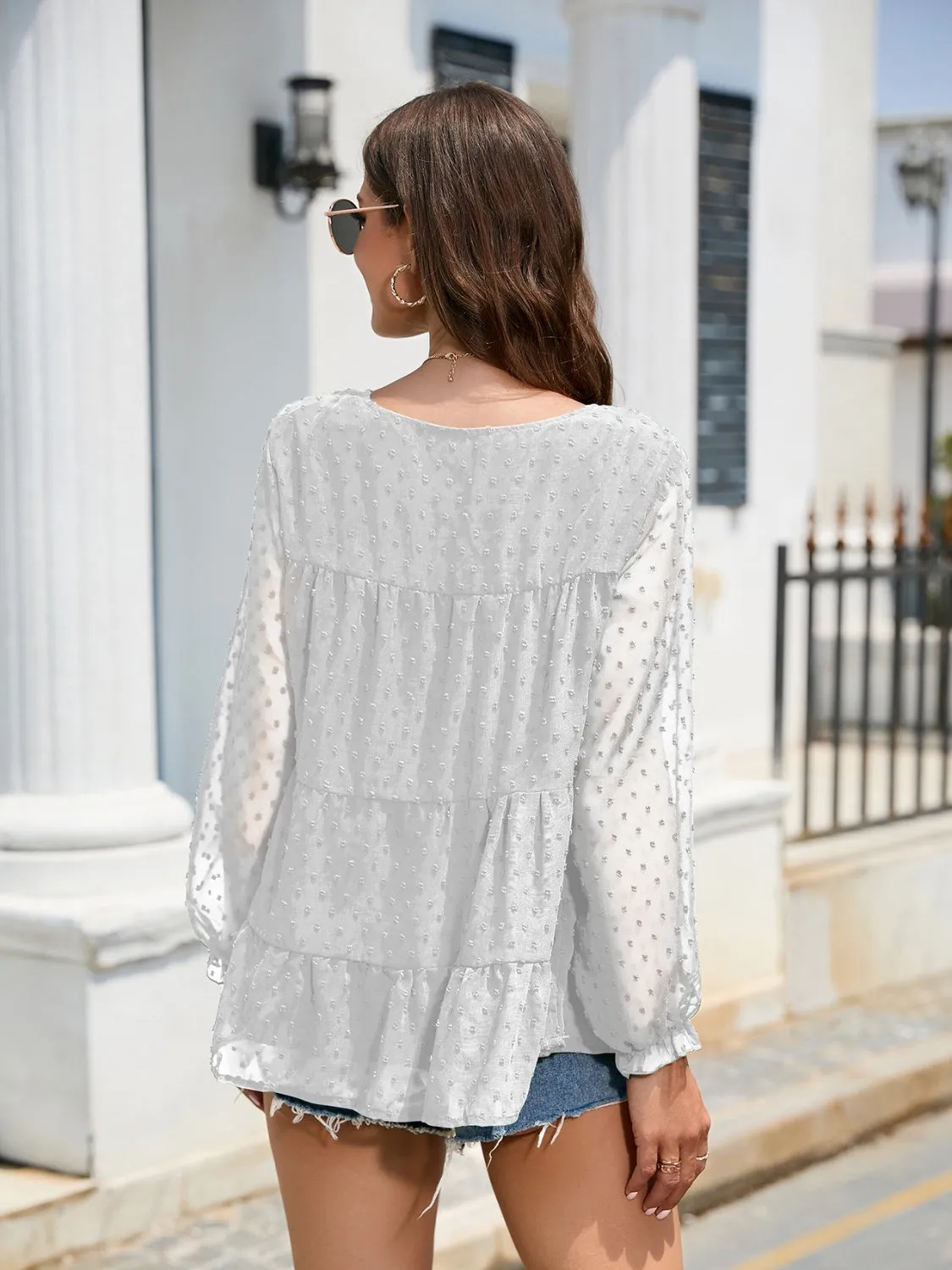 Silvia Swiss Dot Flounce Sleeve Blouse