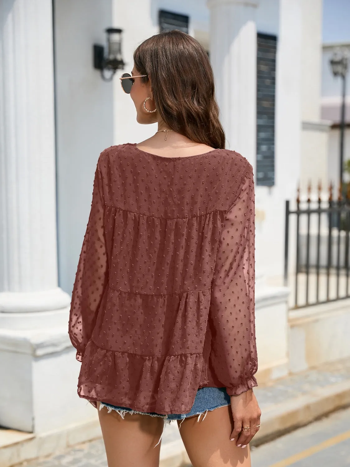 Silvia Swiss Dot Flounce Sleeve Blouse