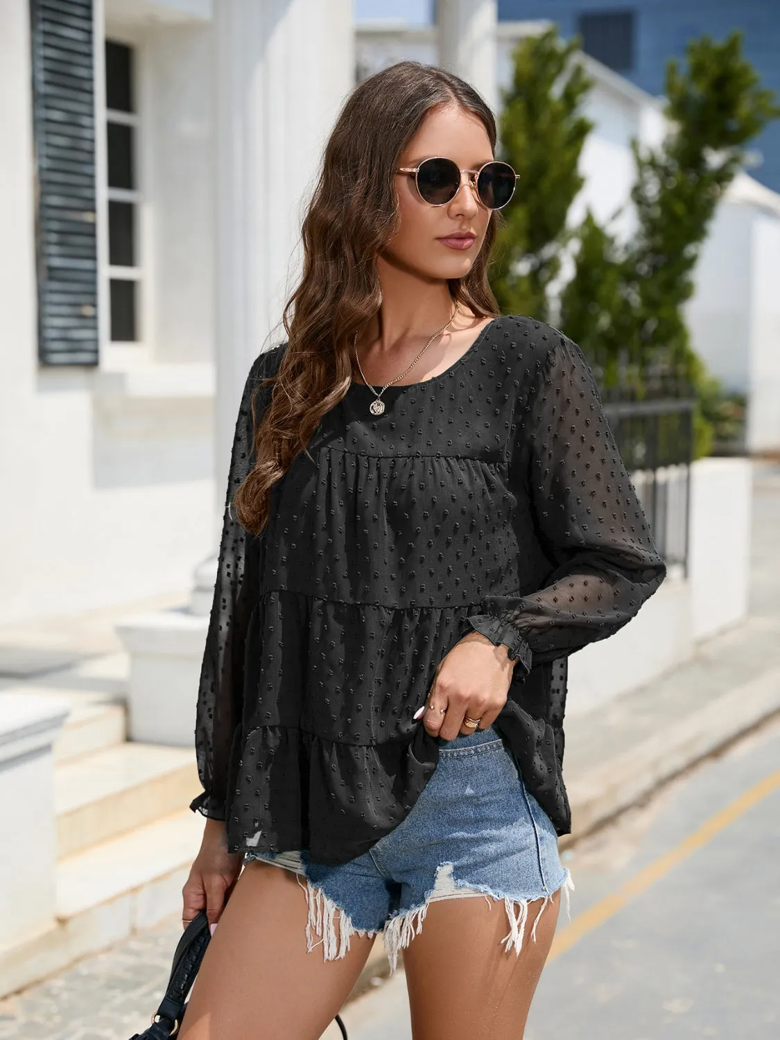Silvia Swiss Dot Flounce Sleeve Blouse