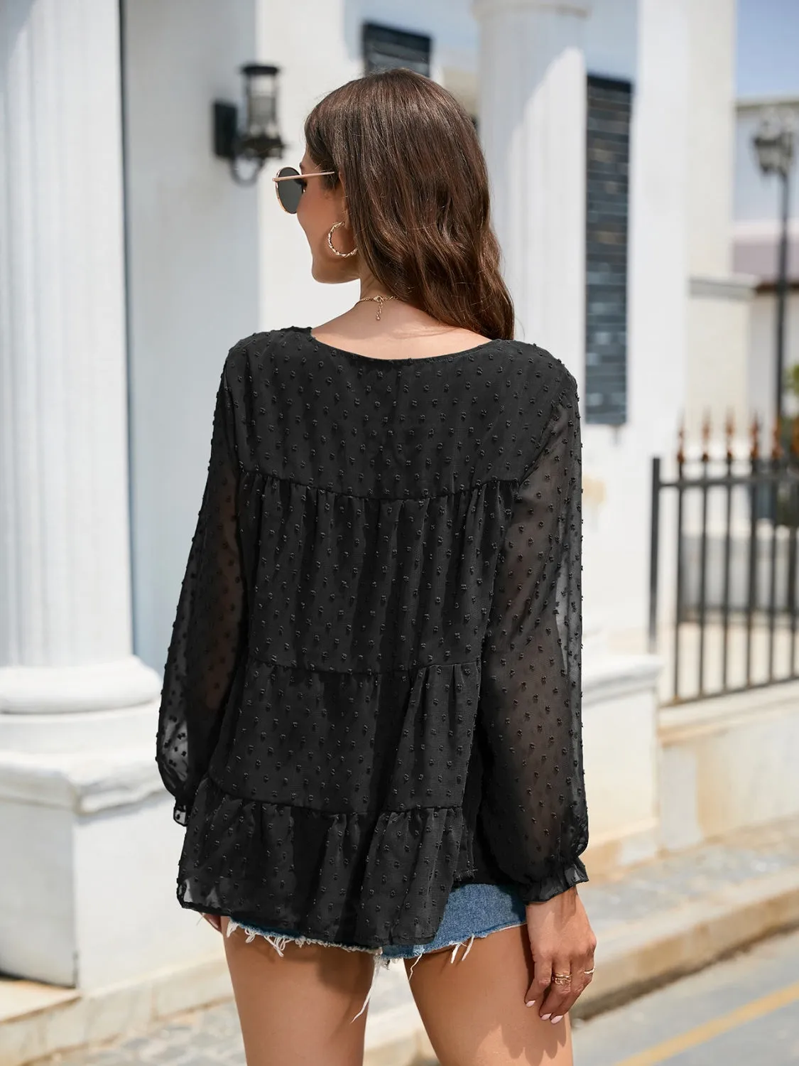 Silvia Swiss Dot Flounce Sleeve Blouse