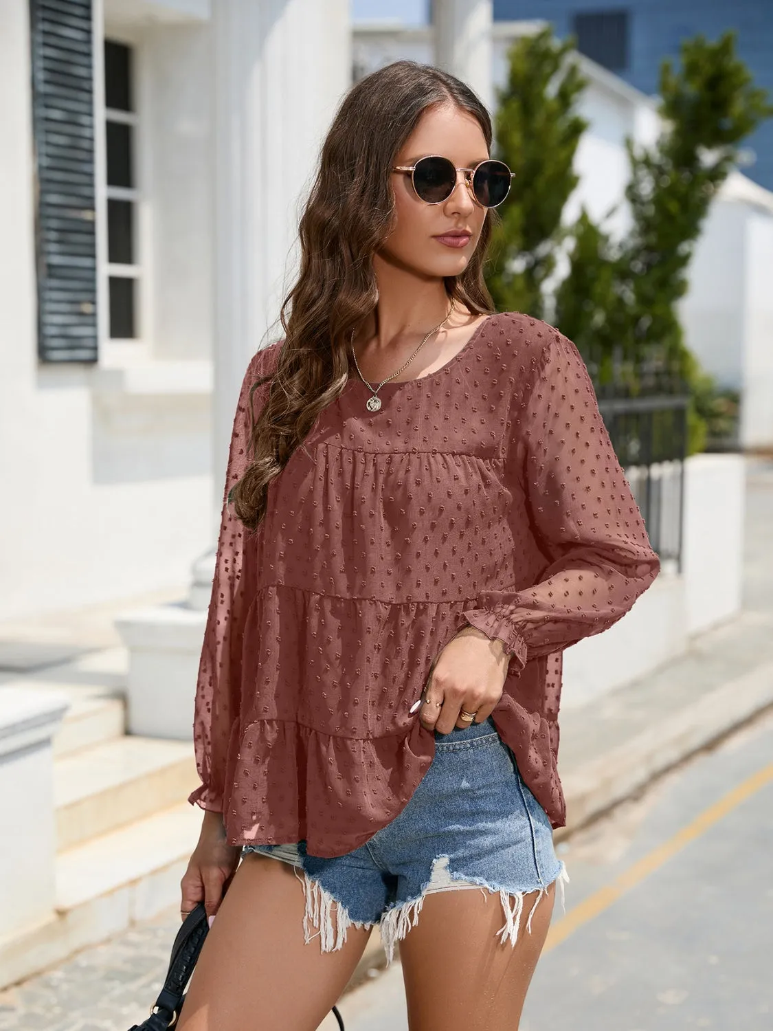 Silvia Swiss Dot Flounce Sleeve Blouse