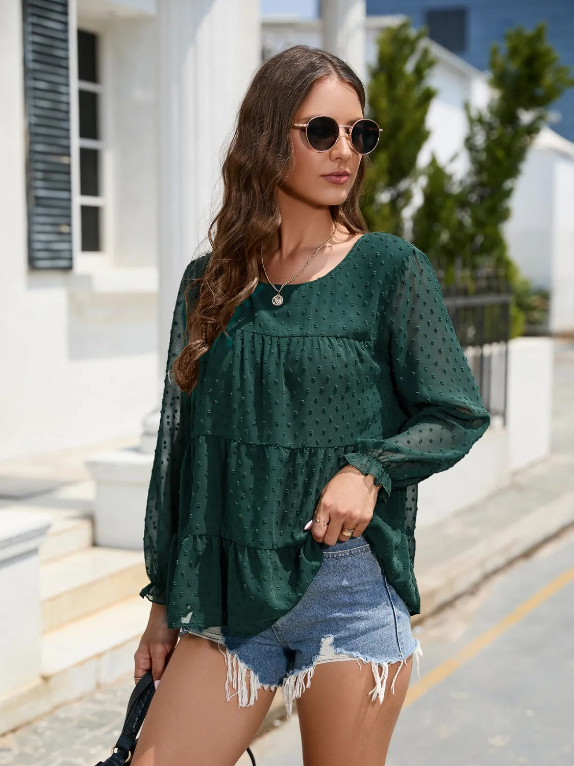 Silvia Swiss Dot Flounce Sleeve Blouse