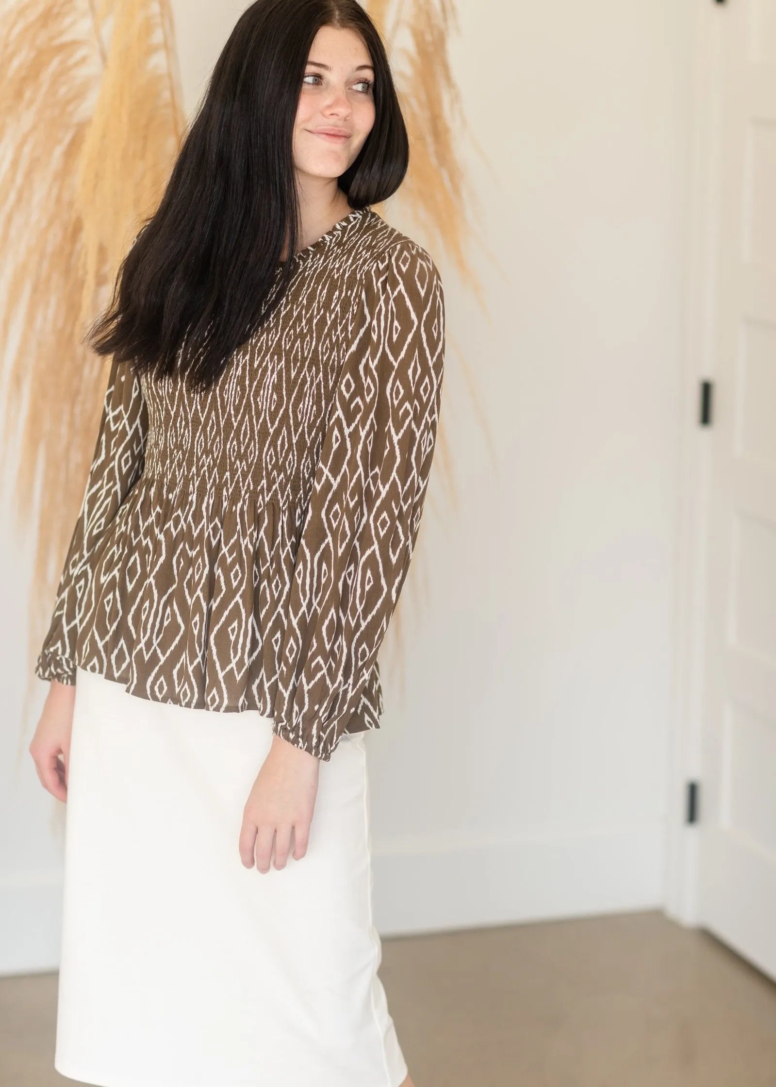 Smocked Ikat Long Sleeve Peplum Top - FINAL SALE