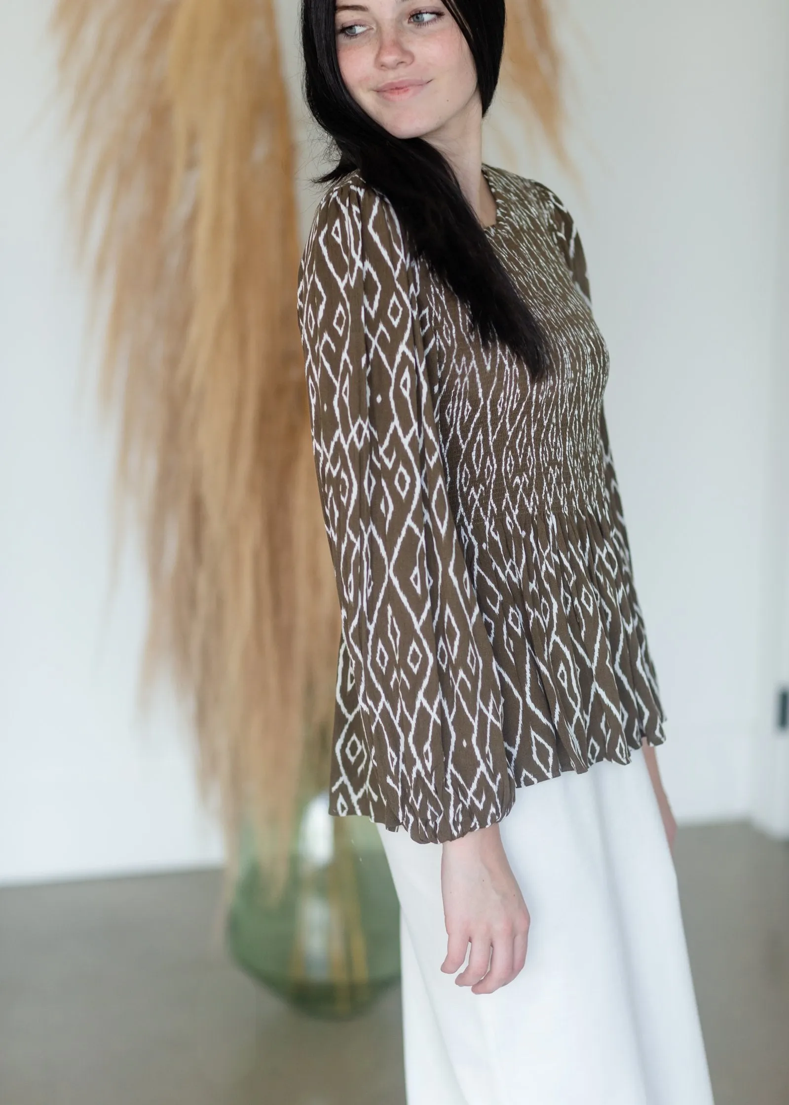 Smocked Ikat Long Sleeve Peplum Top - FINAL SALE