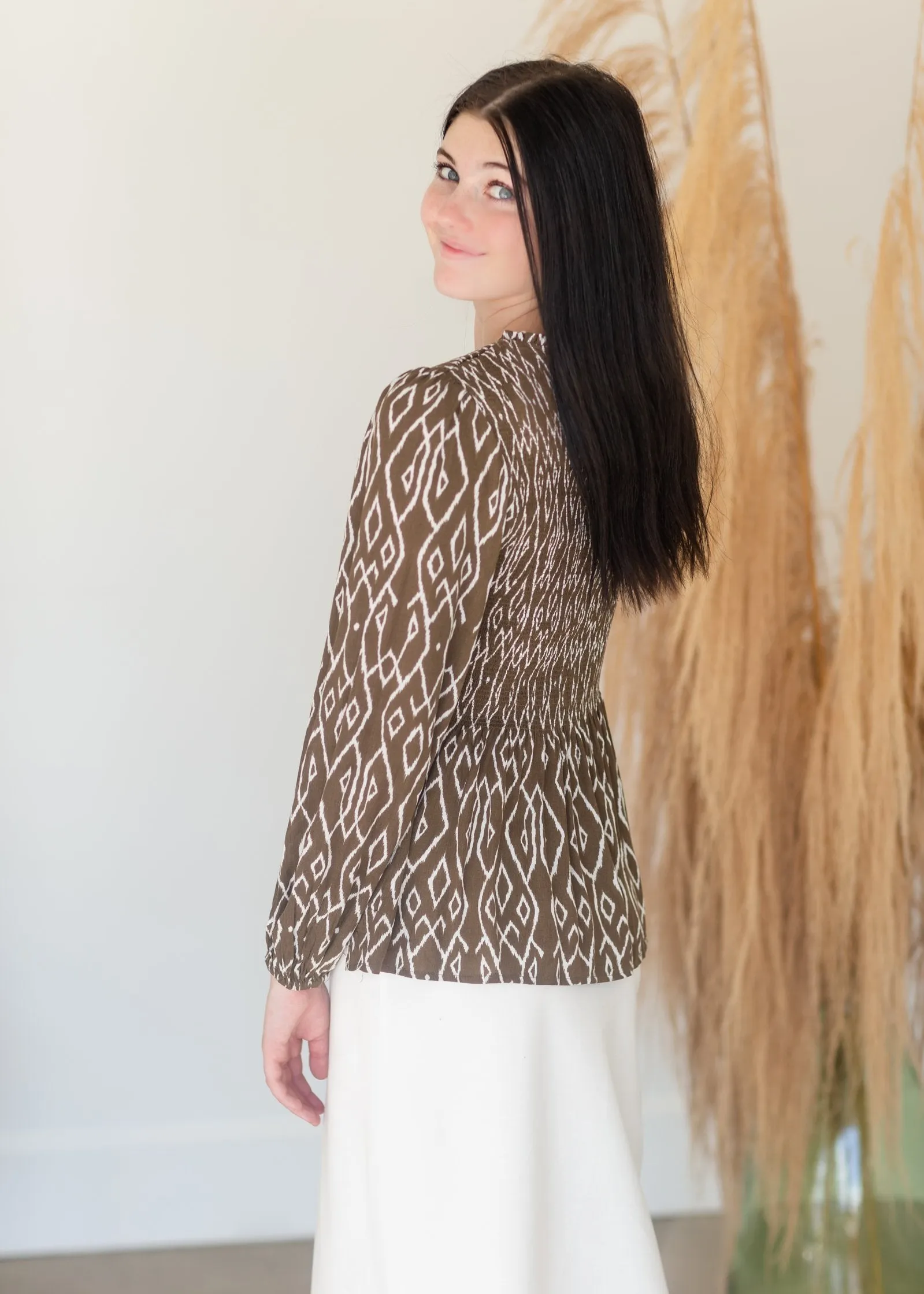 Smocked Ikat Long Sleeve Peplum Top - FINAL SALE