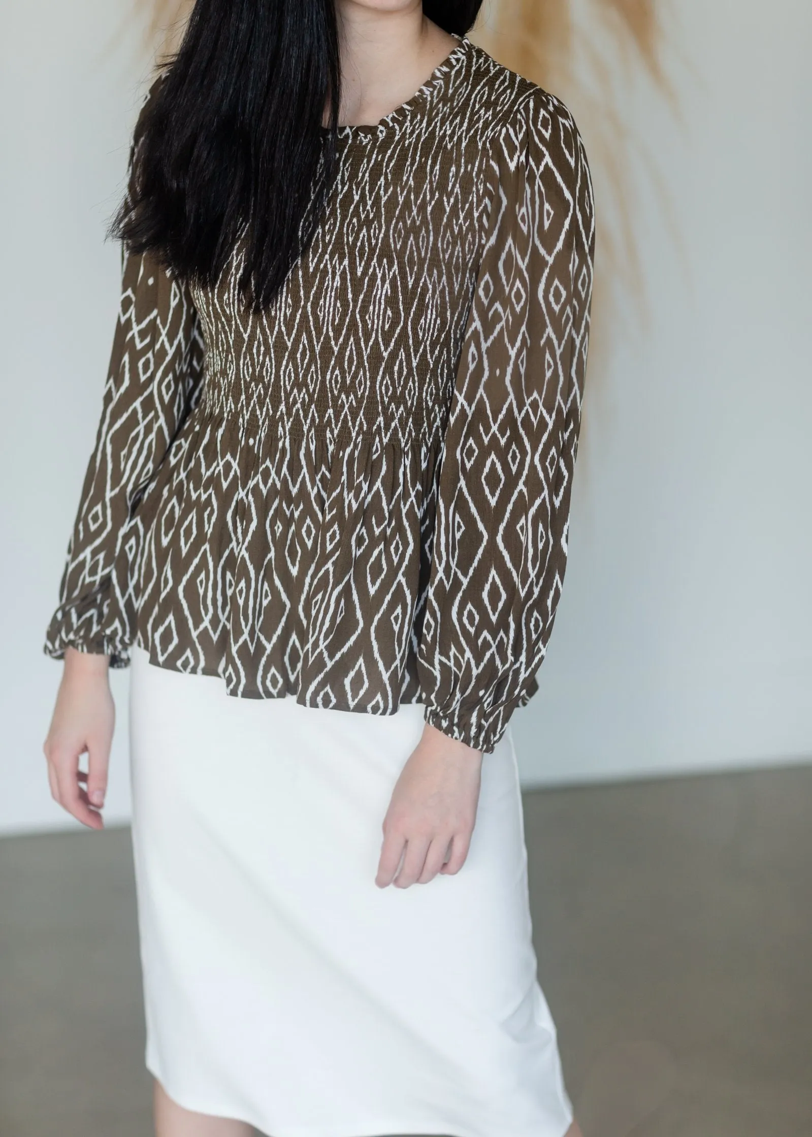 Smocked Ikat Long Sleeve Peplum Top - FINAL SALE