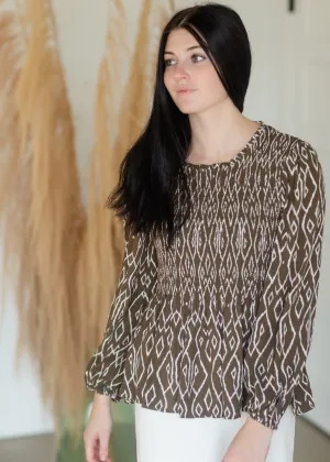 Smocked Ikat Long Sleeve Peplum Top - FINAL SALE
