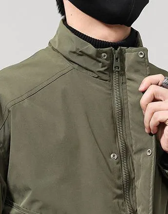 Solid Water-Resistant Puffer Jacket for Men with Cargo Style and Zip-Up Closure