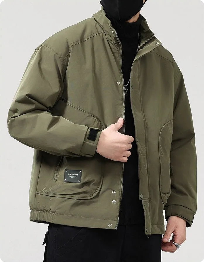 Solid Water-Resistant Puffer Jacket for Men with Cargo Style and Zip-Up Closure