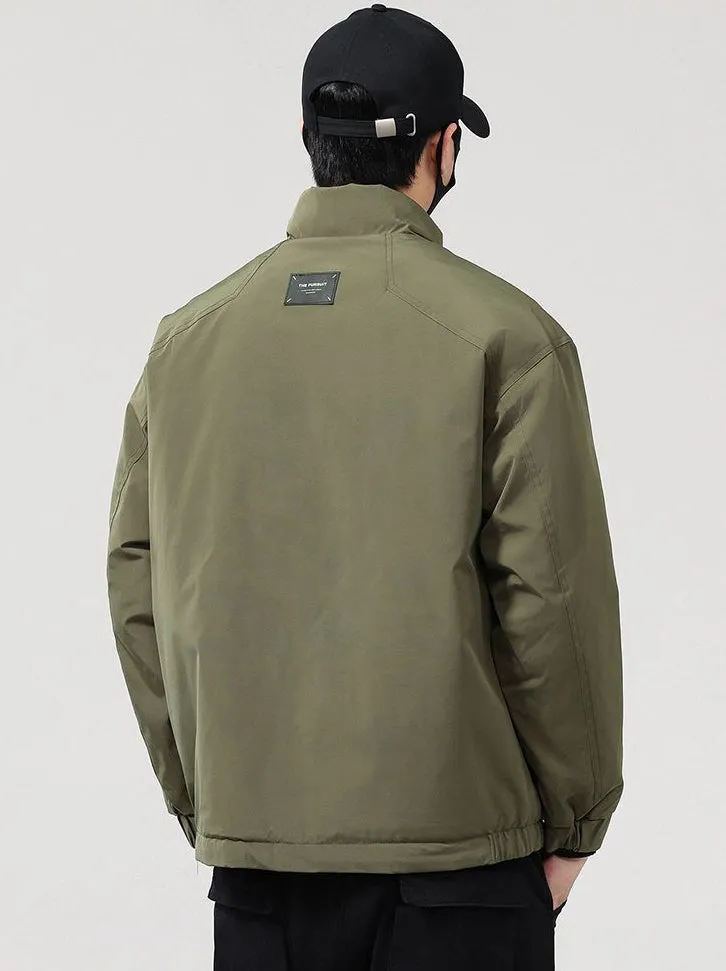 Solid Water-Resistant Puffer Jacket for Men with Cargo Style and Zip-Up Closure