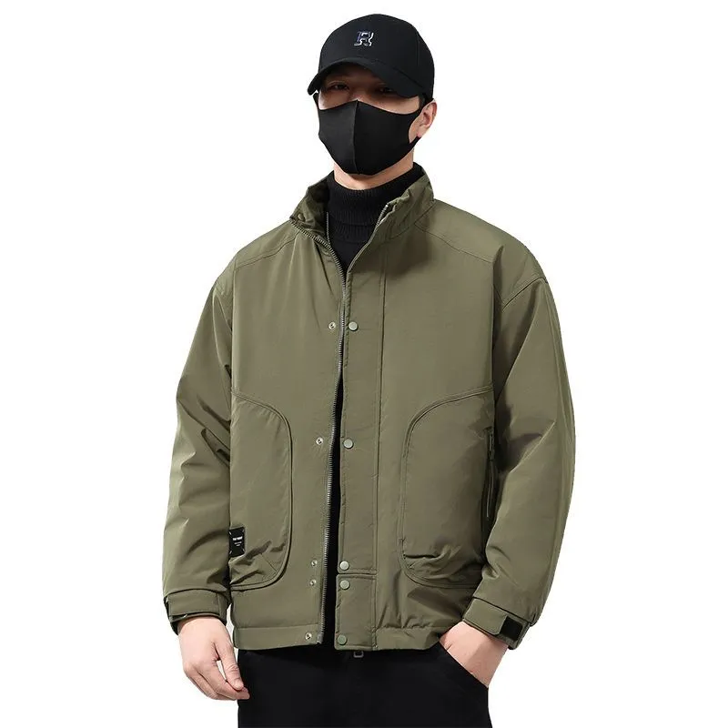 Solid Water-Resistant Puffer Jacket for Men with Cargo Style and Zip-Up Closure